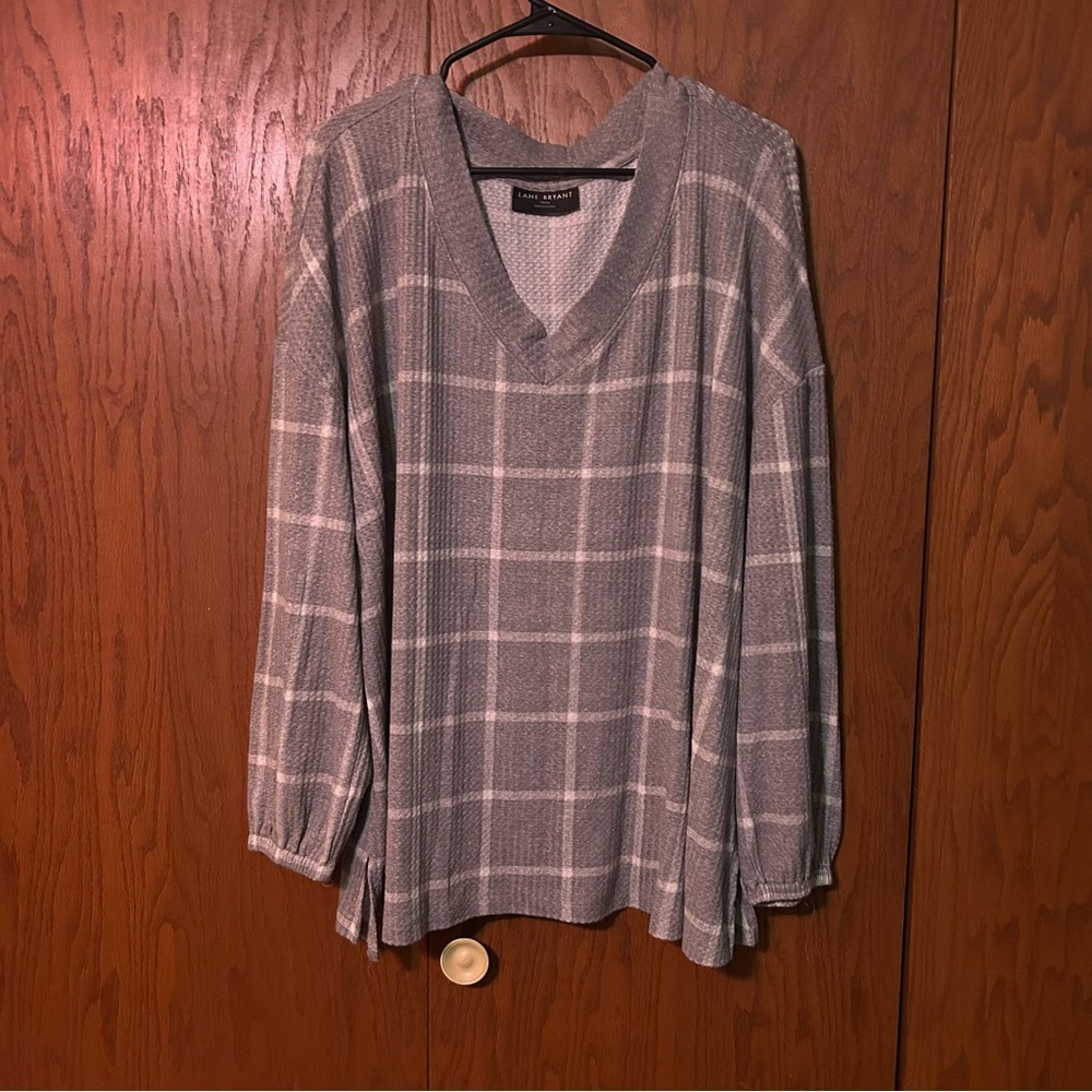 Gray Plaid Textured V-Neck Top